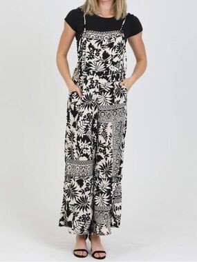 Black & Cream Floral Romper | Size Large | Adjustable Straps